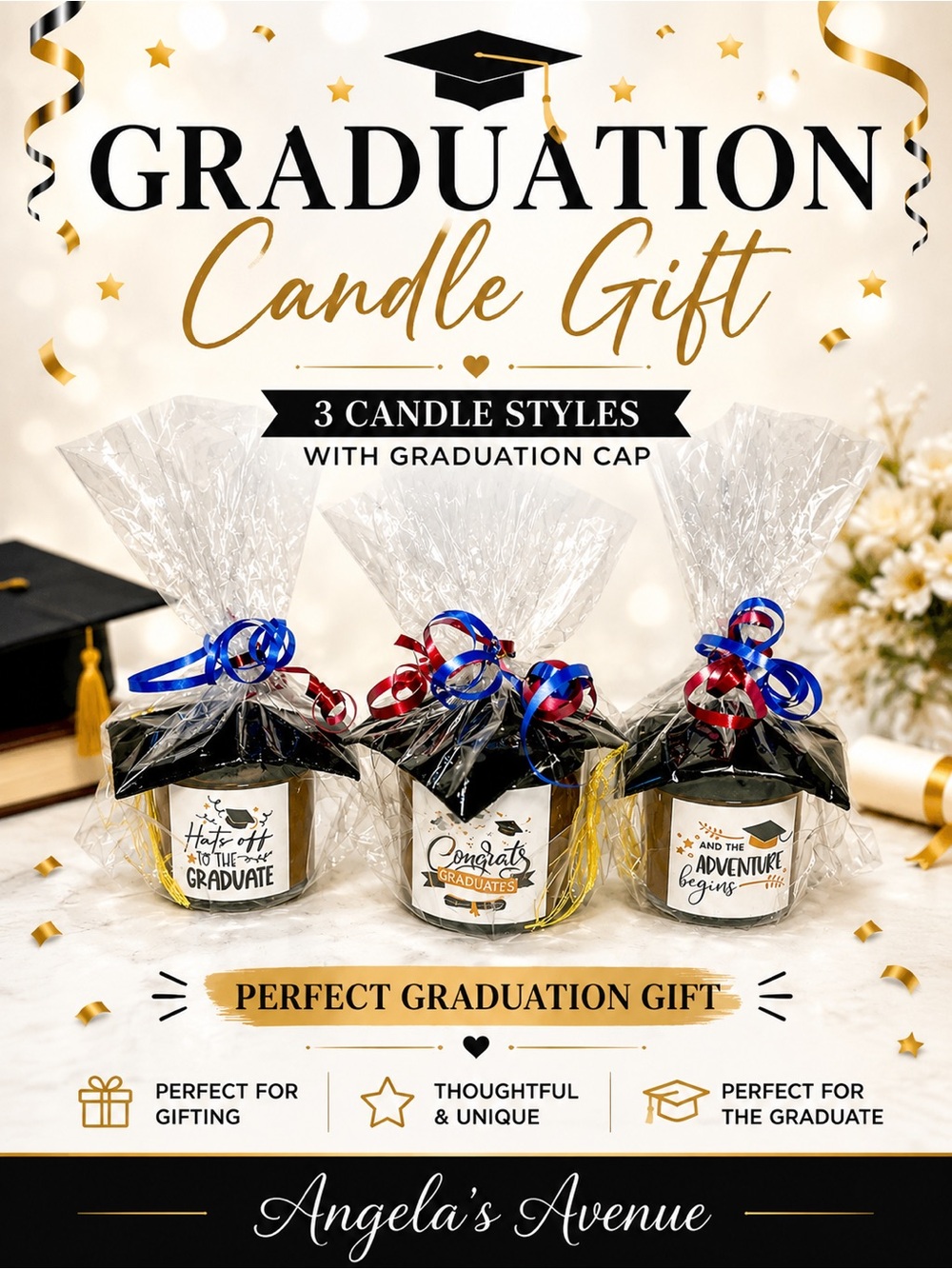 Graduation Candle Gift with Graduation Cap - Black and Gold Pick 1 of 3 Designs